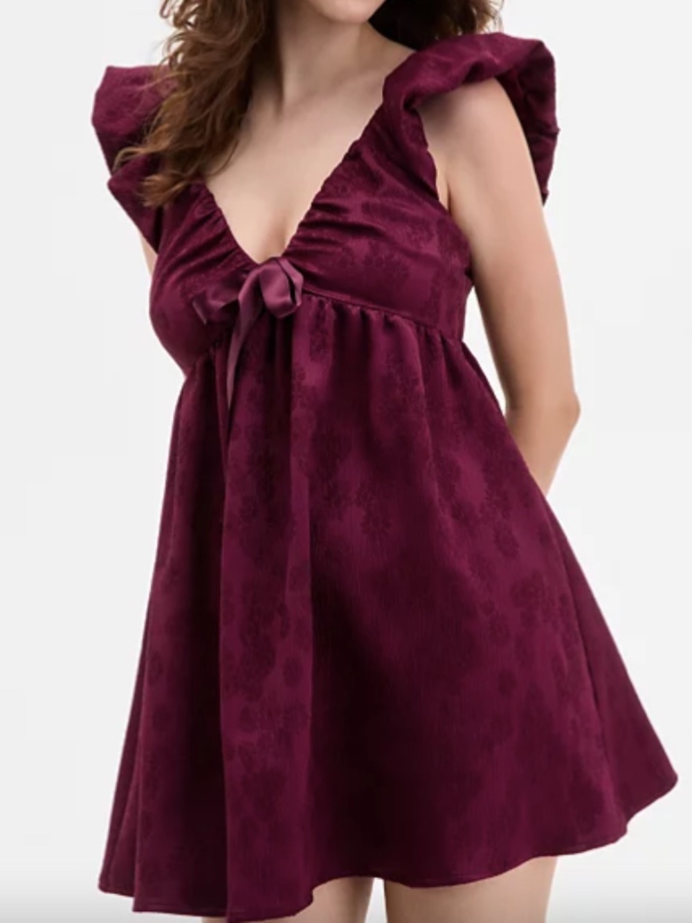 NWT ROW A Plum Juniors' Jacquard Ruffled Babydoll Mini Dress